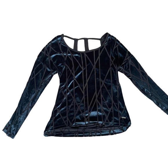 Zobha Tops - Zobha Navy Blue Open Back Draped Geometric Whimsygoth Sheer Long Sleeve Shirt